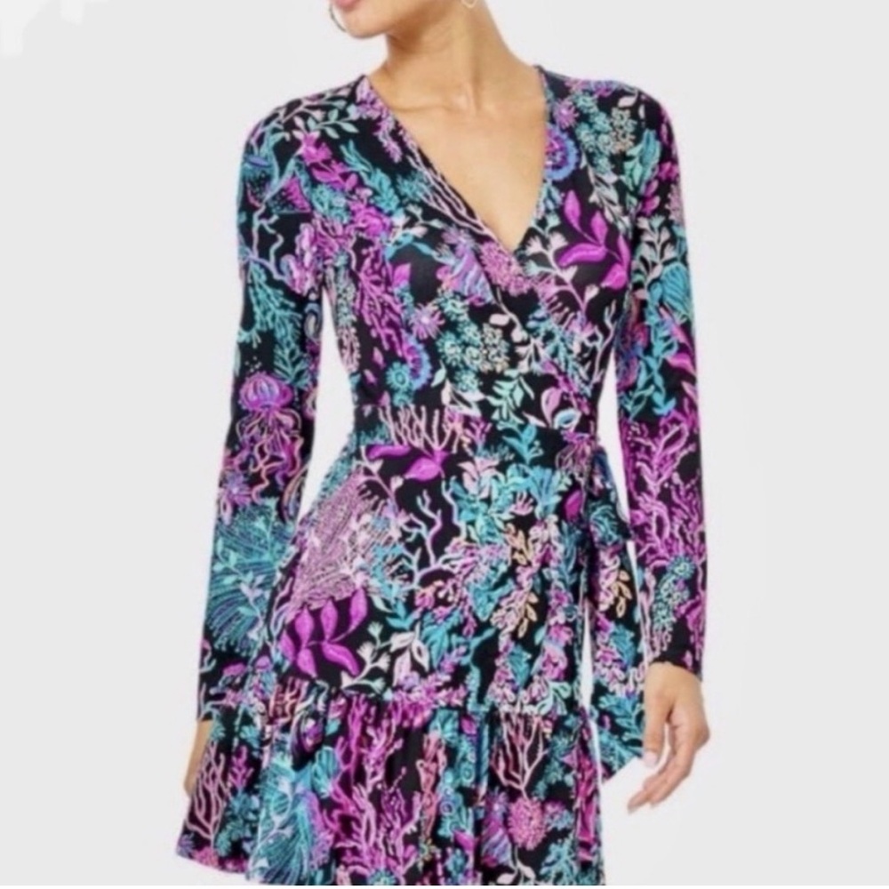 Lilly Pulitzer Misha Onyx Twilight Ruffle Romper Coral Seahorse Long Sleeve